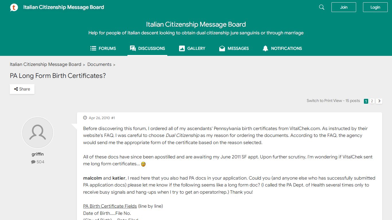 PA Long Form Birth Certificates? - Italian Citizenship Message Board